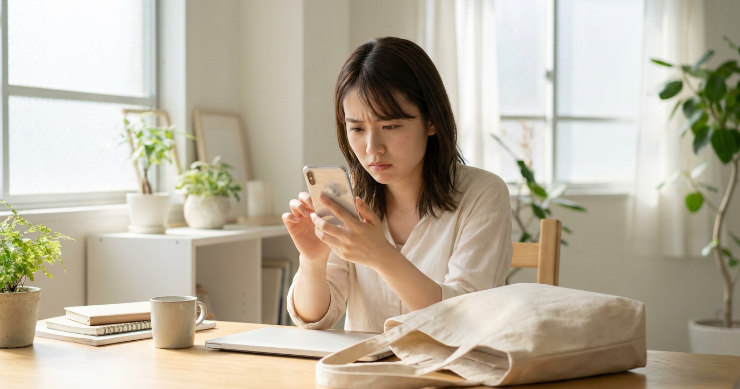 スマホを見ながら画質について少し悩んでいる女性