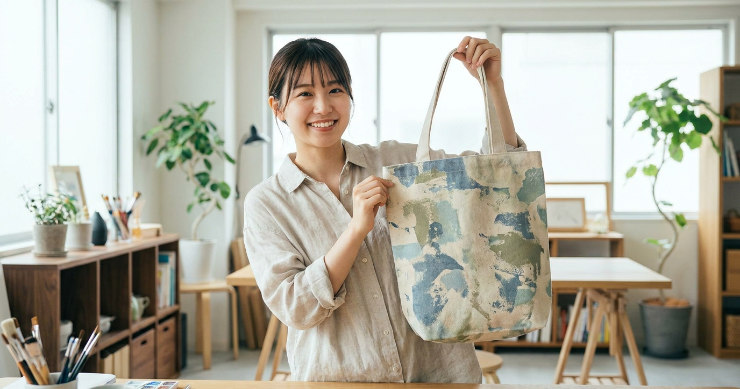 綺麗に印刷されたトートバッグを持って喜ぶ女性
