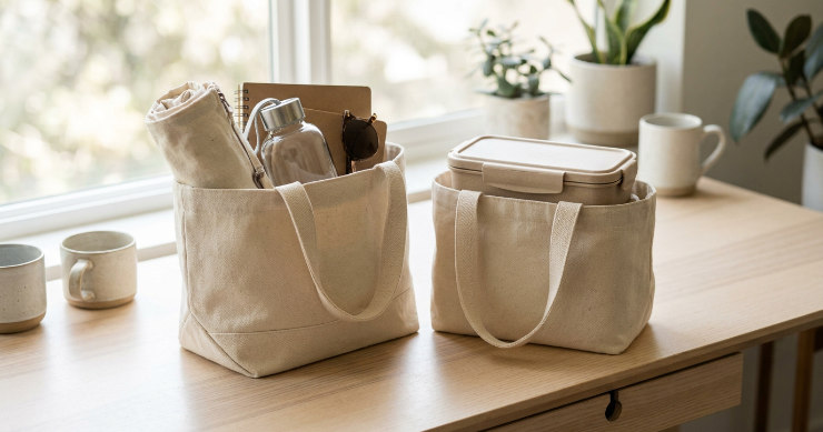 普段使いの荷物が入った船底マチと、お弁当箱が入った角底マチの比較