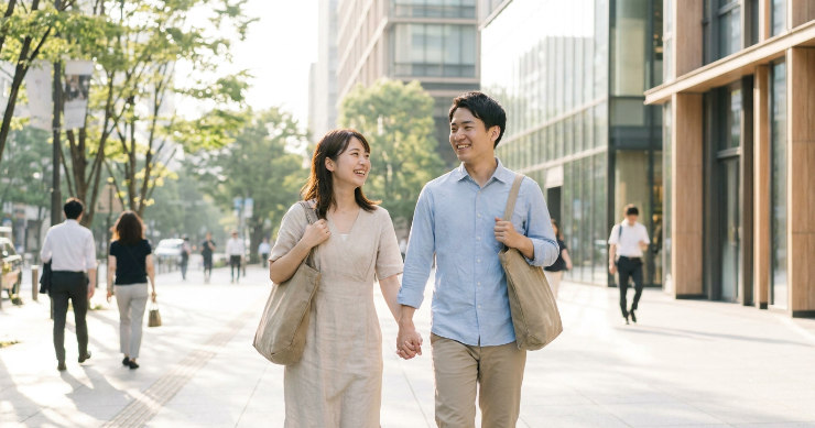 用途に合ったトートバッグを持って軽やかに外出する男女